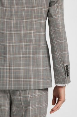 Checked slim-fit jacket in virgin wool and silk, Grey
