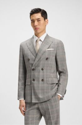 Veste Slim en laine vierge et soie &agrave; carreaux, Gris