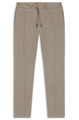 Pantalon Slim en laine et soie &agrave; micro motif, Kaki