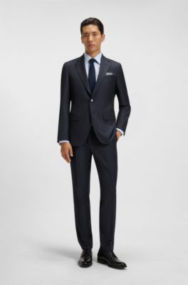 Patterned slim-fit suit in stretch wool, Dark Blue