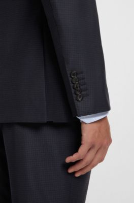 Patterned slim-fit suit in stretch wool, Dark Blue