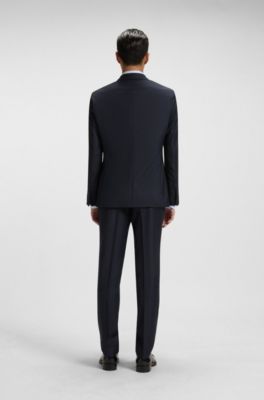 Patterned slim-fit suit in stretch wool, Dark Blue