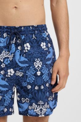Embroidered-logo swim shorts with print, Light Blue
