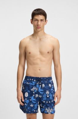 Embroidered-logo swim shorts with print, Light Blue