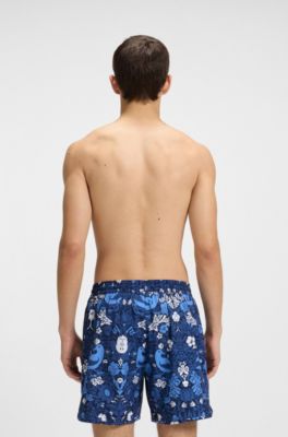 Embroidered-logo swim shorts with print, Light Blue