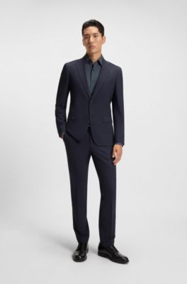 Camisa slim fit en sarga el&aacute;stica t&eacute;cnica estampada, Azul oscuro