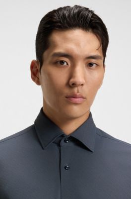 Camisa slim fit en sarga el&aacute;stica t&eacute;cnica estampada, Azul oscuro