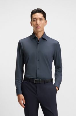 Camisa slim fit en sarga el&aacute;stica t&eacute;cnica estampada, Azul oscuro