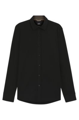 Camisa slim fit de algod&oacute;n el&aacute;stico jaspeado, Negro