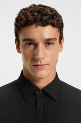 Slim-fit shirt in melange stretch cotton, Negro