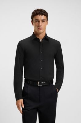 Slim-fit shirt in melange stretch cotton, Negro