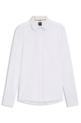 Slim-fit shirt in melange stretch cotton, Blanco