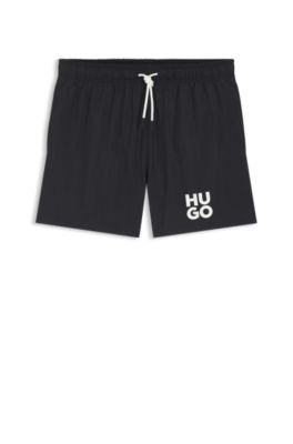 Quick-dry swim shorts with printed stacked logo, Black