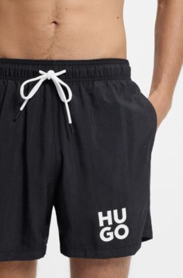 Quick-dry swim shorts with printed stacked logo, Black