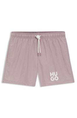 Quick-dry swim shorts with printed stacked logo, light pink