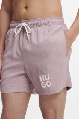 Quick-dry swim shorts with printed stacked logo, light pink