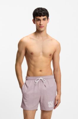 Ba&ntilde;ador tipo shorts de secado r&aacute;pido con logo apilado estampado, Rosa claro