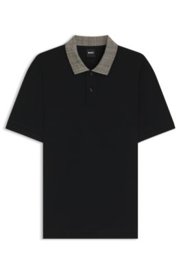 Patterned-collar polo shirt in pima cotton, Black