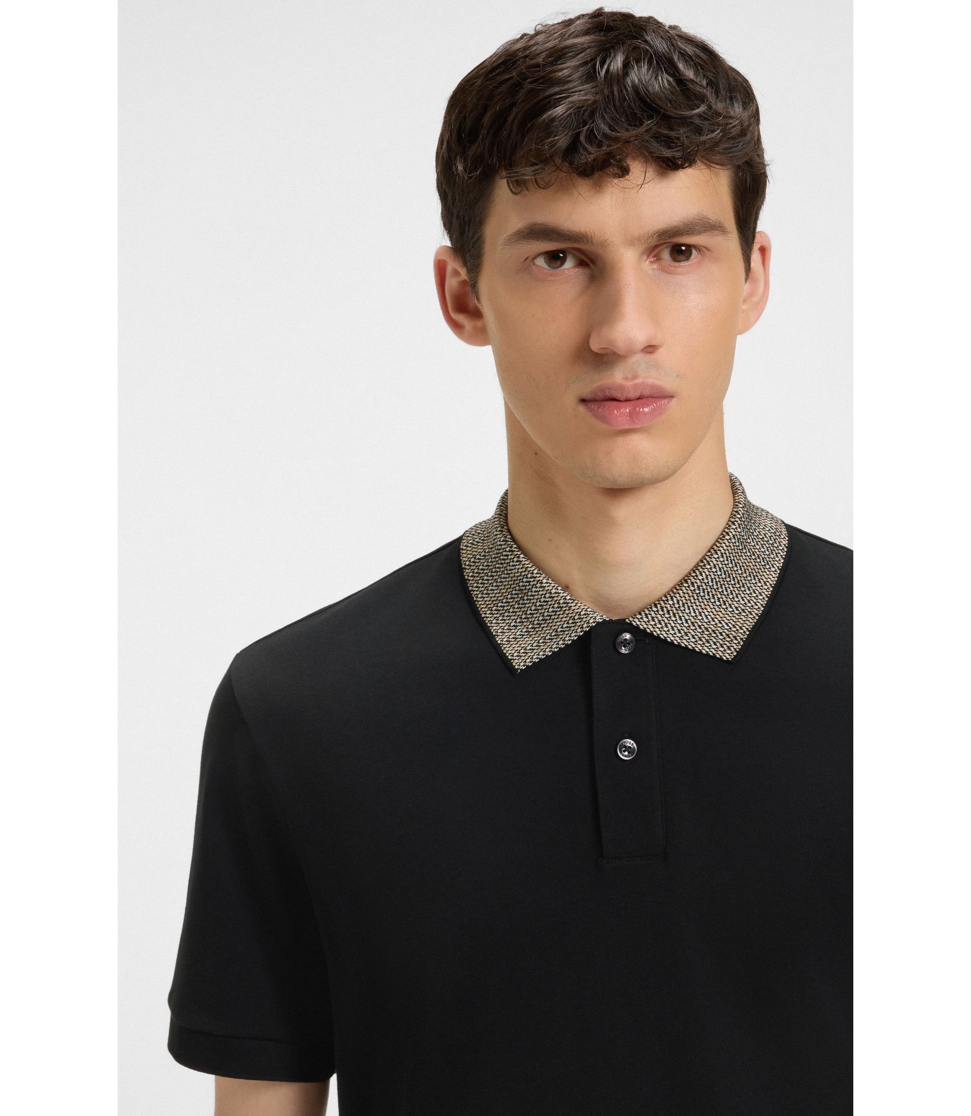 BOSS - Patterned-collar polo shirt in pima cotton - Black