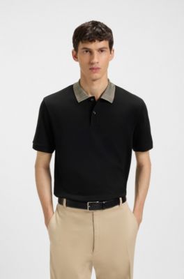 Polo en coton Pima avec col &agrave; motif, Noir