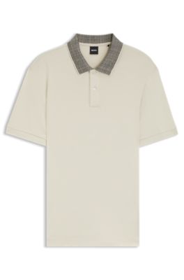Polo en coton Pima avec col &agrave; motif, Blanc