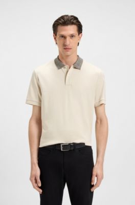 Polo en coton Pima avec col &agrave; motif, Blanc