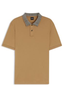 Polo en coton Pima avec col &agrave; motif, Beige