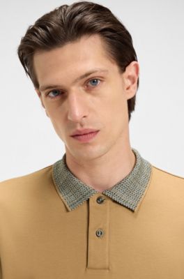Polo en coton Pima avec col &agrave; motif, Beige