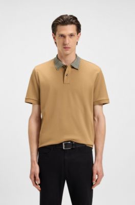 Polo en coton Pima avec col &agrave; motif, Beige
