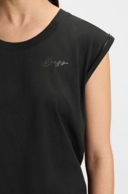 Top de punto de algod&oacute;n con logo de cristal, Negro