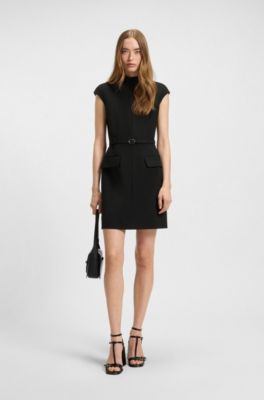 Belted dress with subtle shoulder padding, Black