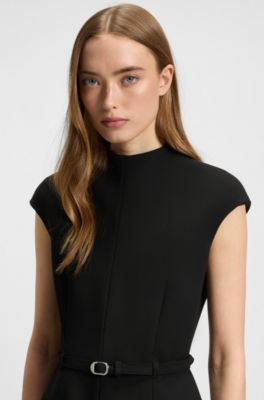 Belted dress with subtle shoulder padding, Black