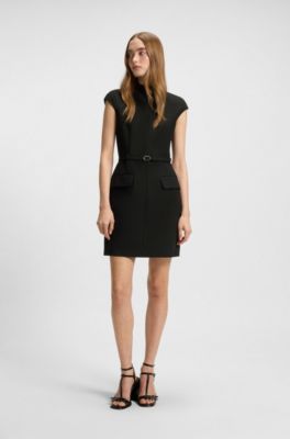 Belted dress with subtle shoulder padding, Black