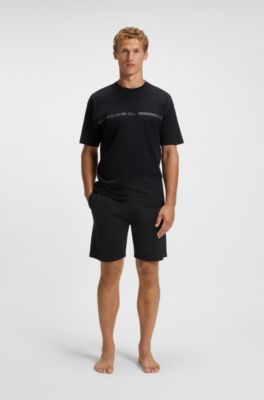 Shorts de felpa de rizo de algod&oacute;n con estampado de raya con logo, Negro