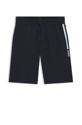 Shorts de felpa de rizo de algod&oacute;n con estampado de raya con logo, Azul oscuro