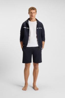 Shorts de felpa de rizo de algod&oacute;n con estampado de raya con logo, Azul oscuro