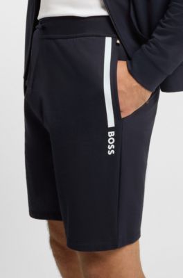 Shorts de felpa de rizo de algod&oacute;n con estampado de raya con logo, Azul oscuro