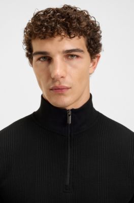 Sudadera con cuello con cremallera en algod&oacute;n con estructura de rejilla, Negro