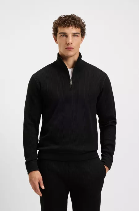 Cotton-blend zipper-neck sweatshirt with waffle structure