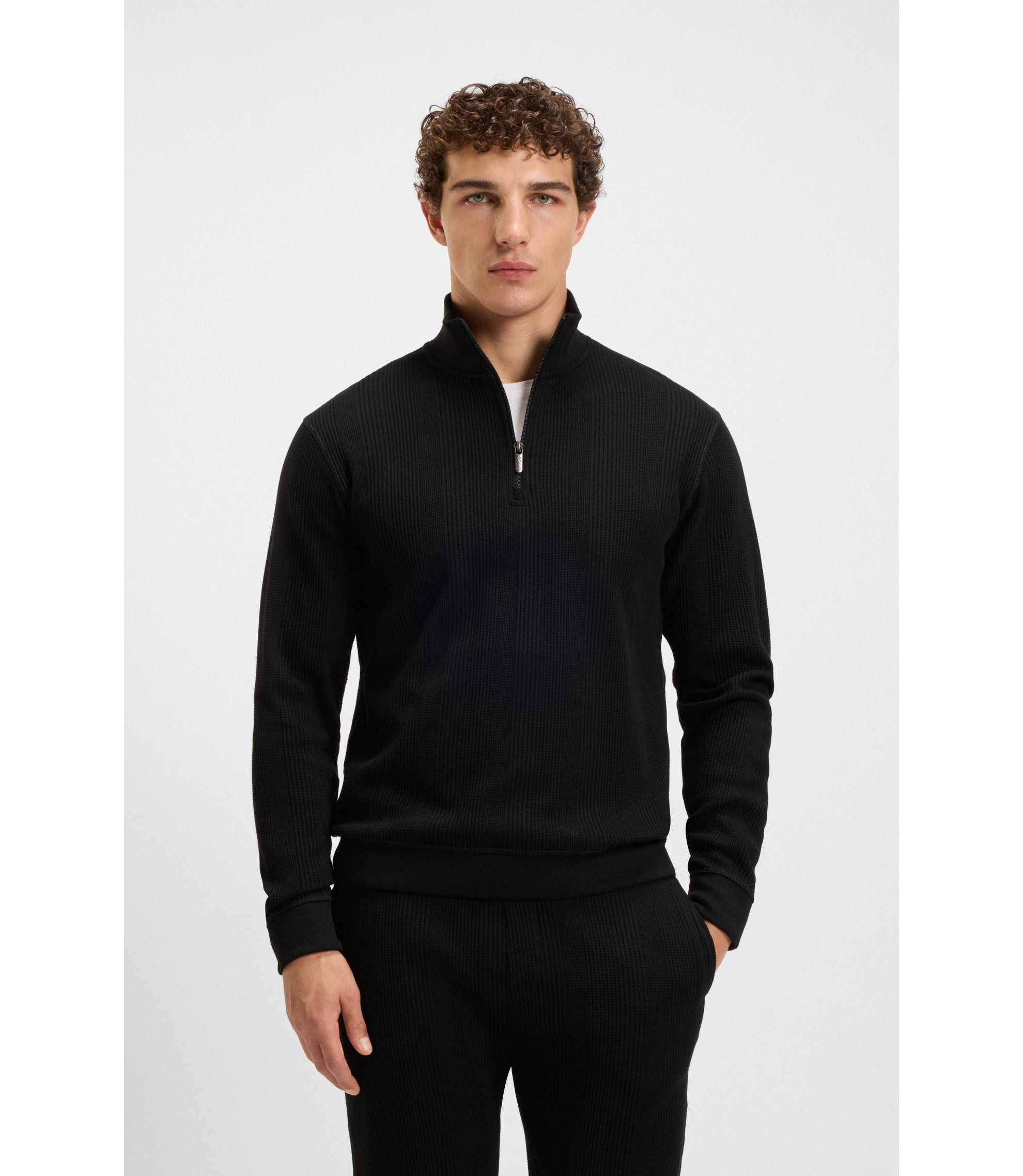 BOSS - Cotton-blend zipper-neck sweatshirt with waffle structure