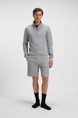 Cotton-blend zipper-neck sweatshirt with waffle structure, Light Grey