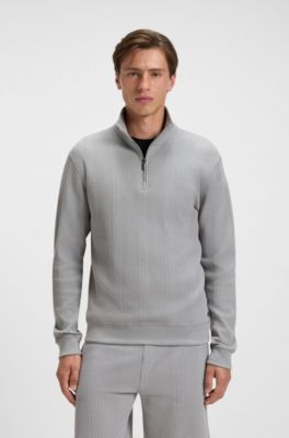 Sudadera con cuello con cremallera en algod&oacute;n con estructura de rejilla, Gris claro