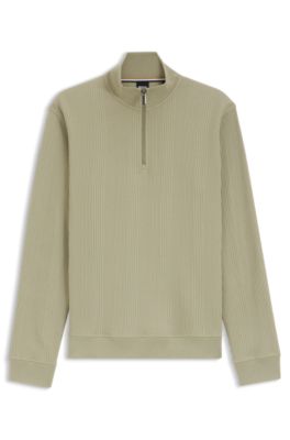 Cotton-blend zipper-neck sweatshirt with waffle structure, Light Green