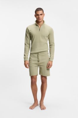 Cotton-blend zipper-neck sweatshirt with waffle structure, Light Green