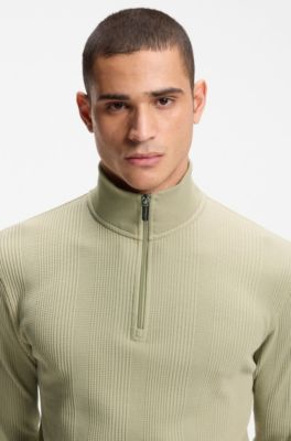 Cotton-blend zipper-neck sweatshirt with waffle structure, Light Green