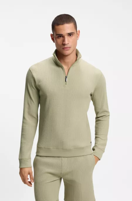 Cotton-blend zipper-neck sweatshirt with waffle structure