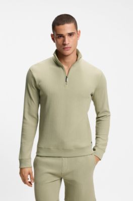 Cotton-blend zipper-neck sweatshirt with waffle structure, Light Green