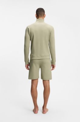 Cotton-blend zipper-neck sweatshirt with waffle structure, Light Green