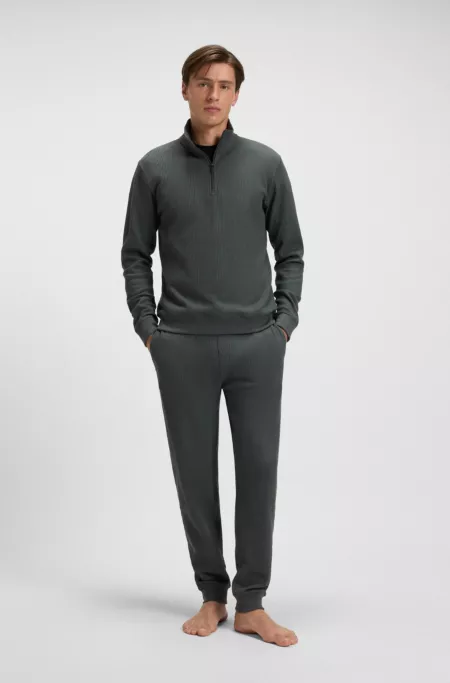 Cotton-blend zipper-neck sweatshirt with waffle structure