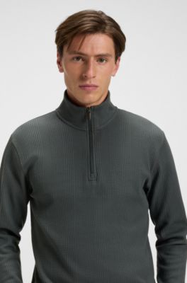 Cotton-blend zipper-neck sweatshirt with waffle structure, Light Green